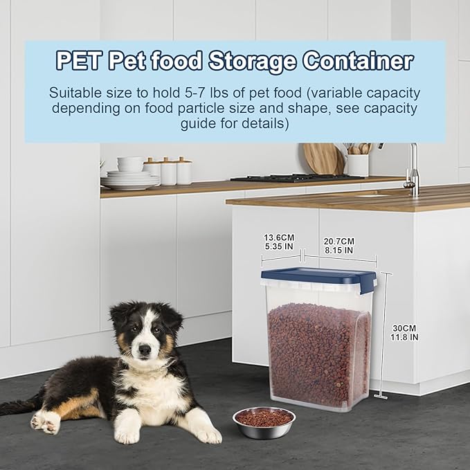 5-7Lbs Dog Cat Storage Container with Airtight Lids, With Locking Lids Plastic Bin PBA-Free for Pet food, Rice, Rice, Oatmeal, Bird Seeds, Flour, Dried Fruits, Easy to Carry and Clean-Cool Blue
