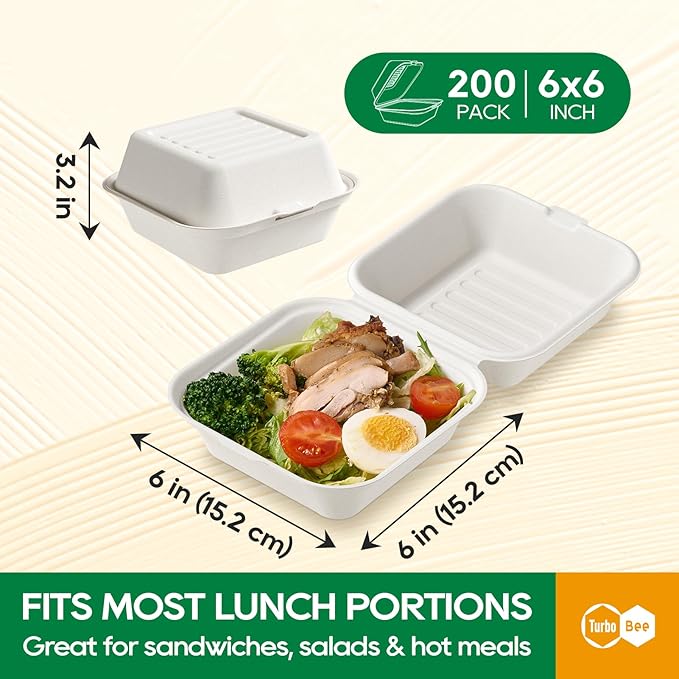Turbo Bee 200 Pack 6x6inch White Take Out Containers with Lids, Small Disposable Clamshell Food Containers for Lunch, Sides, Snacks, Restaurant, Catering & Food Service