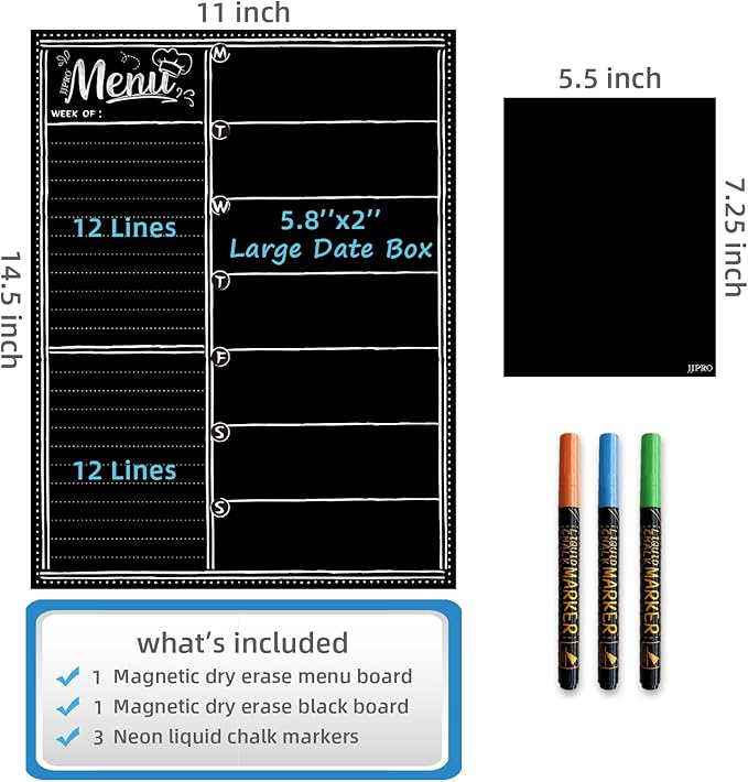 JJPRO Magnetic Dry Erase Menu Blackboard for Fridge-Weekly Meal Planner Chalkboard with Notepad Blackboard Set for Kitchen Refrigerator-Refrigerator Organizer with Menu Planning Board