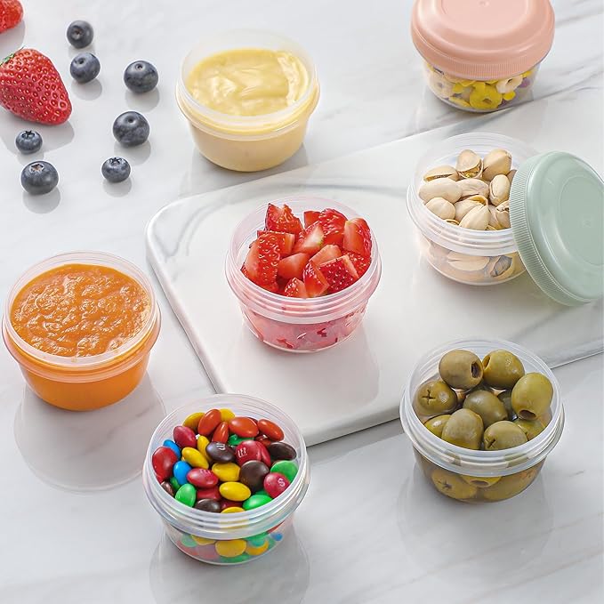 VITEVER [16 Pack] 4 oz Small Containers with Lids, Reusable Plastic Jars for Snack and Puree, Salad Dressing Container to Go, Deli Containers, Freezer Baby Food Containers, Dishwasher Safe, BPA Free