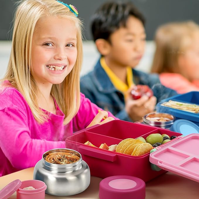 Bento Box for Kids with Thermos, [Large Capacity] Insulated Kids Lunch Box with 4 Compartment for Ages 3+, Drop-Proof & Dishwasher Safe Lunchbox Container Pink