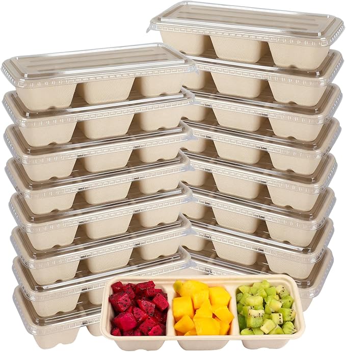 16oz disposable 3 compartments Sugarcane Fibers bowls with lid take away food containers Meal Prep Bowls 25 Pack
