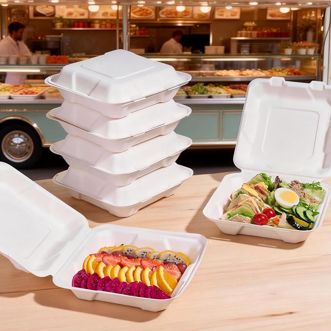 Turbo Bee 100 Pack 8x8inch White Compostable Take Out Containers with Lids, Disposable Clamshell Food Containers, Large To Go Boxes for Restaurant, Catering, Meal Prep & Food Service-White