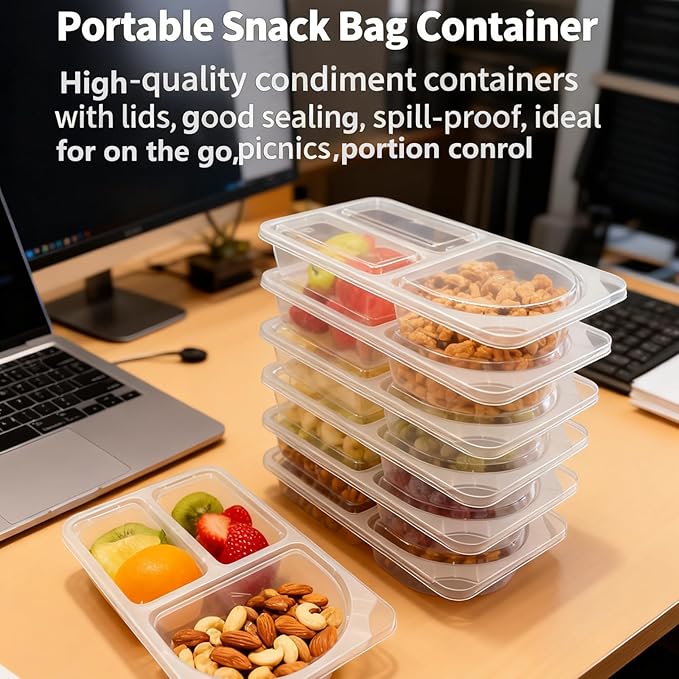 9 OZ New Snack Containers & Reusable Snack Containers with Lids for Kid,Snack Pack Containers ,Small 3 Compartment Condiment Containers,Perfect for Snacks, Condiments, Meals Prep & On-the-Go (10 Sets)