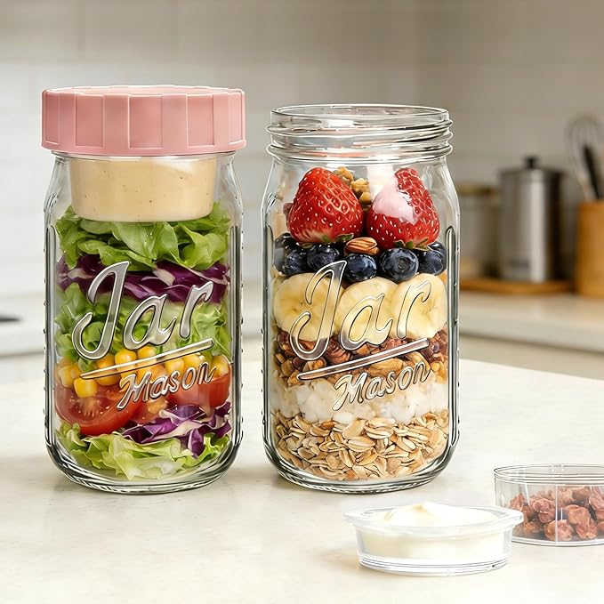 Accguan 32oz Glass Salad Jars with Lids Meal Prep, Leakproof Container Mason Jars for Lunch, Two Small Built-in Boxes with Wet/Dry Separation for salad Dressing and Dry Ingredients, salads Pod,12 Pack