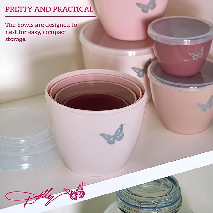 Dolly Parton Prep Bowl Set with Lids – 4-Piece Blush Butterfly Design, Airtight Storage, Mixing and Serving Bowls, Dishwasher Safe, 1–4 Cup Sizes