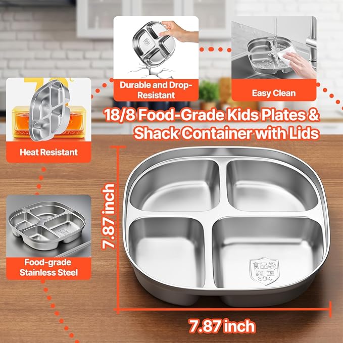 Stainless Steel Kids Plates,Set of 4 Toddler Plates with Lids - 4 Compartments Stainless Steel Snack Container for Kids Non Toxic & 100% BPA Free