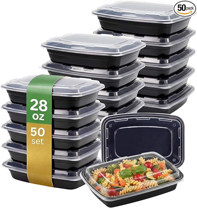 Meal Prep Containers [50 Pack] Rectangular Food Storage Containers with Lids, Bento Box, BPA Free, Stackable, Microwave/Dishwasher/Freezer Safe To Go Food Containers for Meal Prep (28 oz)