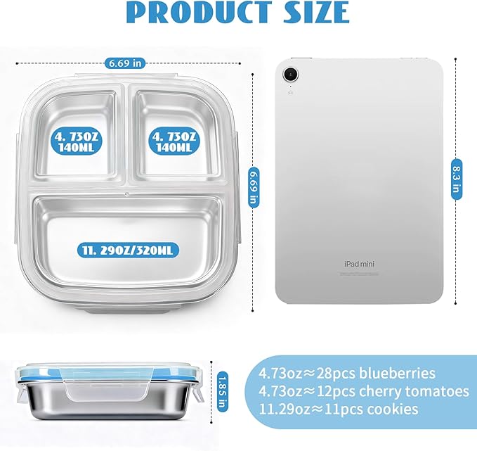 Stainless Steel Snack Containers for Kids, 3 Compartments Reusable on the go Bento Box with Lids, Lunch Box Pre Meal Storage for School Office Outdoor Camping Travel - White