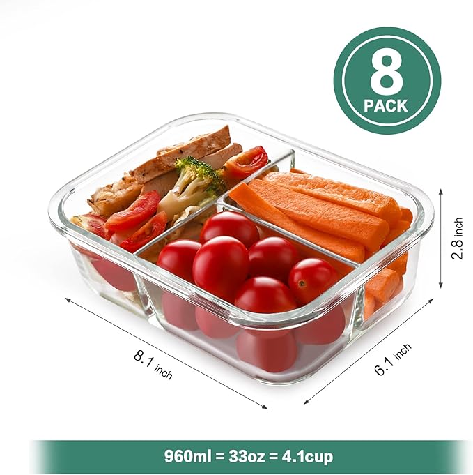 HOMBERKING 8 Pack Glass Meal Prep Containers 3 Compartment, 36oz Glass Food Storage Containers with Lids, Airtight Lunch Bento Boxes, BPA-Free & Leak Proof (8 lids & 8 Container) - Black