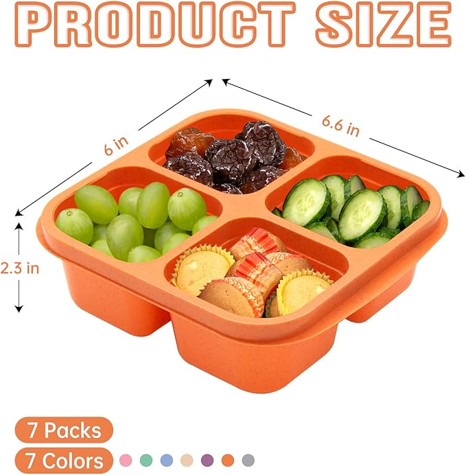 7 Pack Bento Lunch Box ，4 Compartment Snack Containers，Divided Meal Prep Lunch Containers, Kids/Toddle/Adults,Food Storage for School, Work and Travel