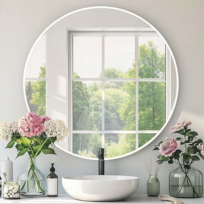 White Round Mirror, 20 Inch White Circle Mirror, Metal Frame Round Wall Mounted by Mfring