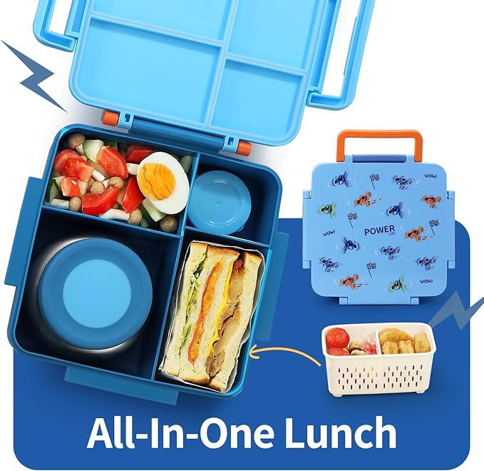Bento Box for Kids with Thermos, [Large Capacity] Kids Lunch Box Containers with 4 Compartment for Ages 3+, Drop-Proof & Dishwasher Safe Food Container Blue