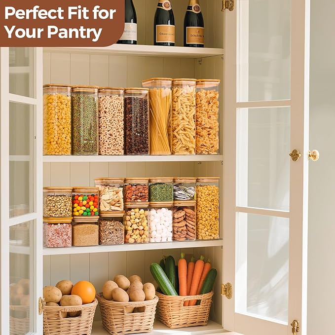 ComSaf Glass Storage Containers with Lids, 1.2 Qt Glass Jars with Lids, Clear Food Storage Jar, Canister For Pantry Cookie Flour Cereal Rice Sugar Tea Coffee Beans Spice, Square Set of 4