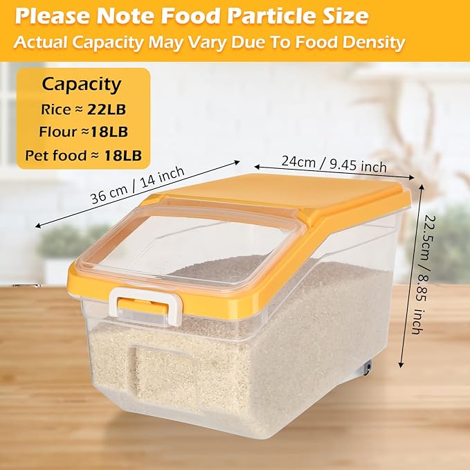 Sunnyray 4 Pcs Rice Storage Container 22 lb Airtight Flour Container with Wheels Measuring Cup Clear Pet Dog Cat Birds Food Bin Grain Cereal Organizer Box for Dry Baking Supplies(Yellow Lid)
