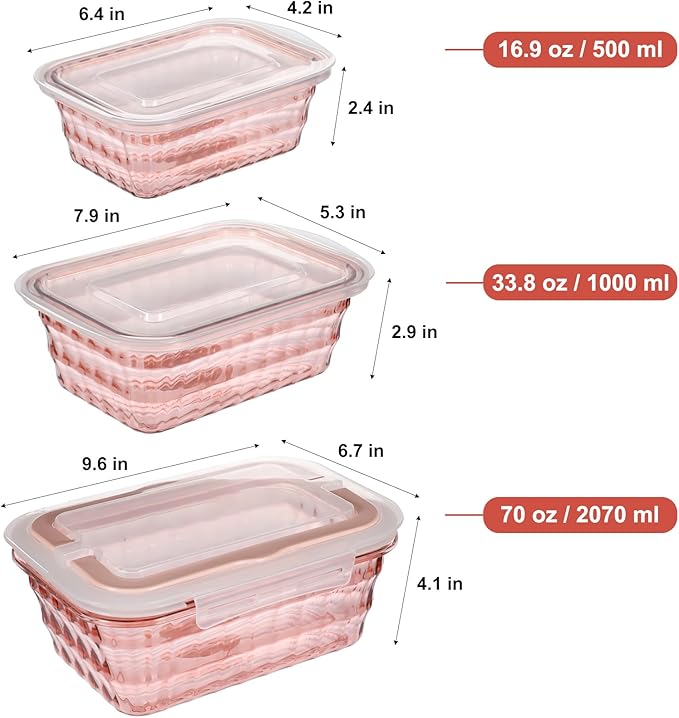 Taiuloo Set of 3 Food Storage Containers with Lids & Handle, BPA Free Plastic Meal Prep & Salad Bowl Containers To Go for Lunch, Salad Serving Bowls for Snack, Fruit, Veggie, Pink