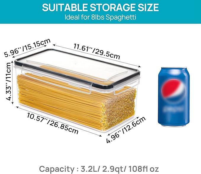 Vtopmart Airtight Food Storage Containers with Lids 4PCS Set 3.2L, Plastic Spaghetti Canisters for Pasta organizer, BPA Free Air Tight Kitchen Pantry Organization