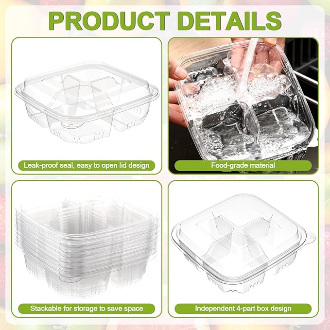 100 Pack 4-compartment Bento Snack Boxes with Lids Divided Lunch Containers for Travel School Camping Outdoor Home (Clear)