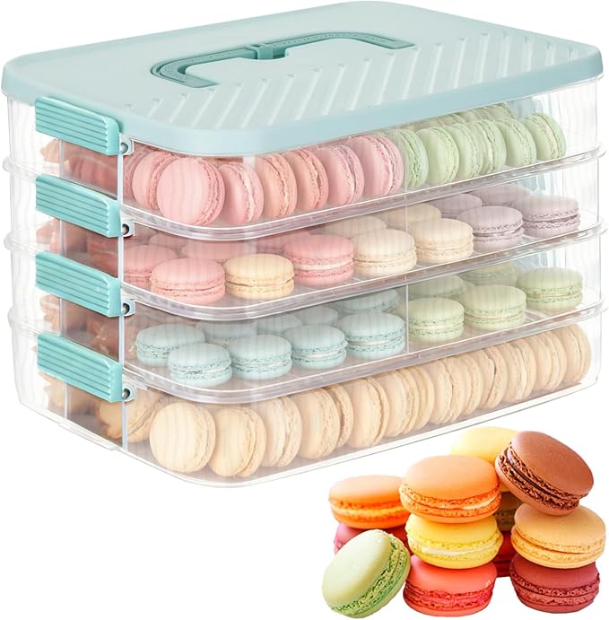 4-Layer Stackable Cookie Airtight Storage Containers with Lids, Portable Plastic Cookie Storage Case Snack Containers for Desserts, Cupcakes, Snacks, Dumplings, Fruit- Blue Lid