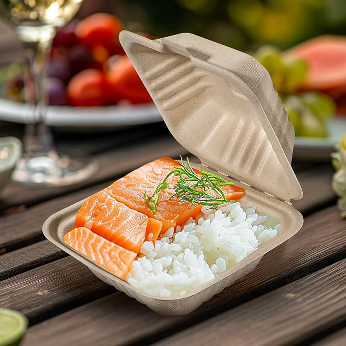Aricsen Compostable 100 Pack 6x6 Inch Disposable Square Small Lunch Box Takeout Containers with Lid To Go Take Out Clamshell for Food, Eco-Friendly Biodegradable Bagasse, PFAS-Free, Unbleached Brown