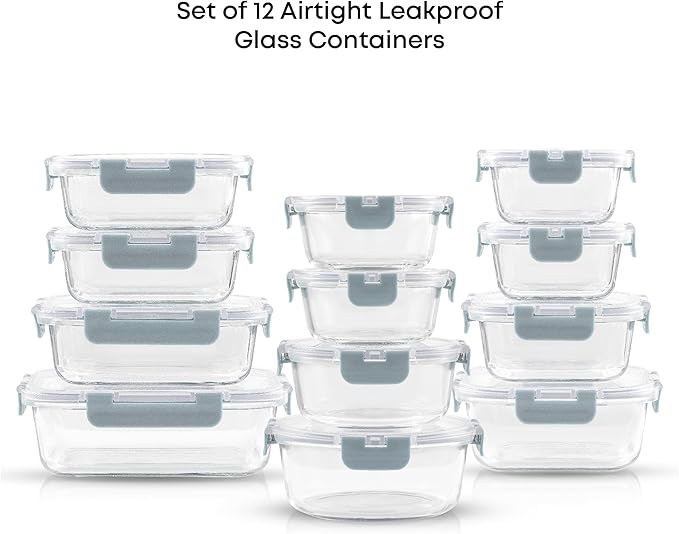 JoyJolt 24pc Borosilicate Glass Storage Containers with Lids | 12 Airtight/Freezer Safe Food Storage Containers for Pantry and Kitchen | Meal Prep Container for Lunch | Glass Tupperware Set
