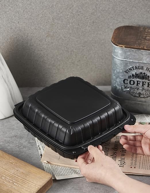 8X8" 1-Compartment 50-Pack Plastic Clamshell To Go Containers Food Carryout Lunch Box Packaging For Sandwich Salad Heavy Duty Disposable Restaurant Service Catering Meal Hinged With Secure Snap Lid