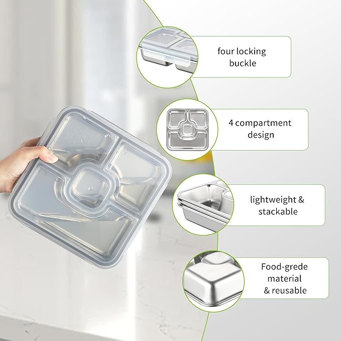 BEFOY Stainless Steel Snack Containers with Lids 4 Pack Lunchable Meal Prep Containers Reusable Meal Prep Lunch Containers for Adult Divided Stackable Bento Lunch Box for Home Travel (1, Gray, Large)
