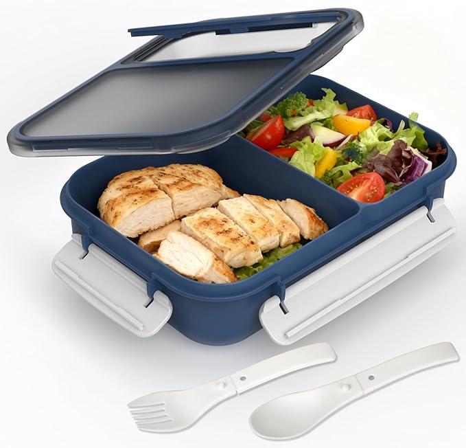 WHALEHOUSE Large Capacity Bento Lunch Box for Adult, 1600ML 2 Compartments Meal Prep Container with Utensil, Airtight Food Storage Container with Snap Locking Lids, Microwave/Dishwasher/Freezer Safe