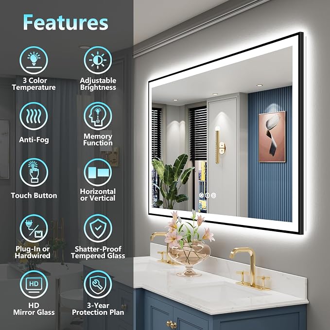 55x36 Black Framed LED Bathroom Mirror - Image 2