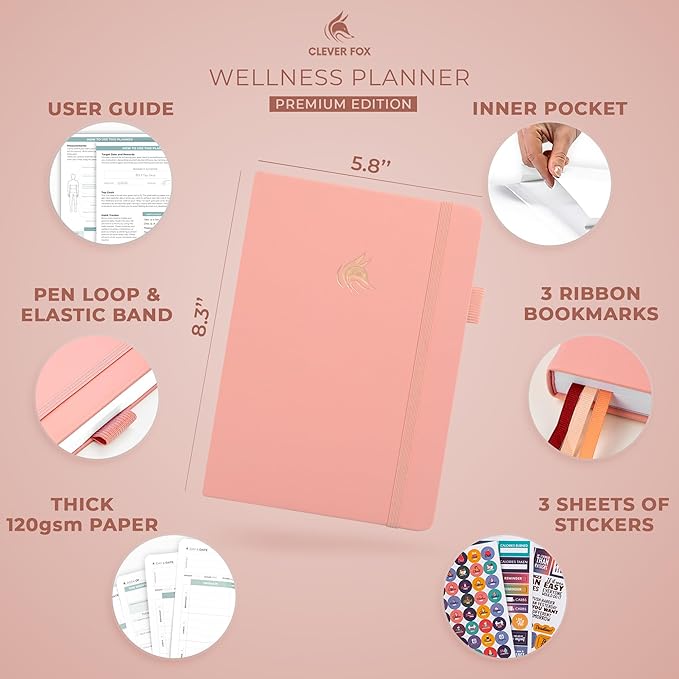 Clever Fox Wellness Planner - Weekly & Daily Health and Wellness Log, Food Journal & Meal Planner Diary for Calorie Counting, Notebook for Medical Condition Tracking, A5-Sized - Light Pink