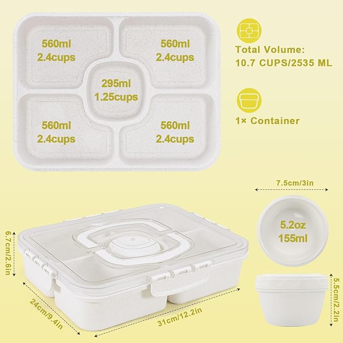 Large Snackle Box Container with Dip Container, 5 Compartments Snack Container with Lid and Handle, Veggie Fruit Divided Serving Tray for Party, Picnic, Dishwasher Safe, BPA-Free