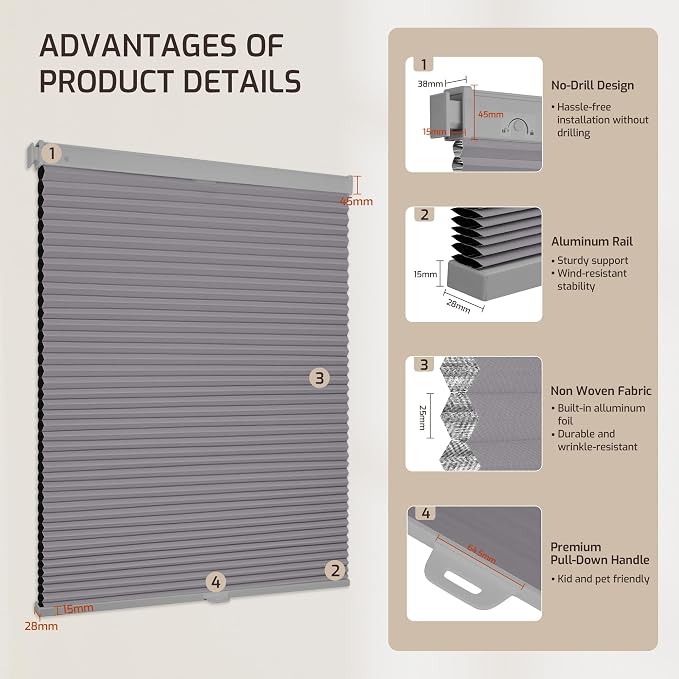 Grandekor No Drill No Tools Cordless Cellular Shades, UV Protection Privacy No - Image 9