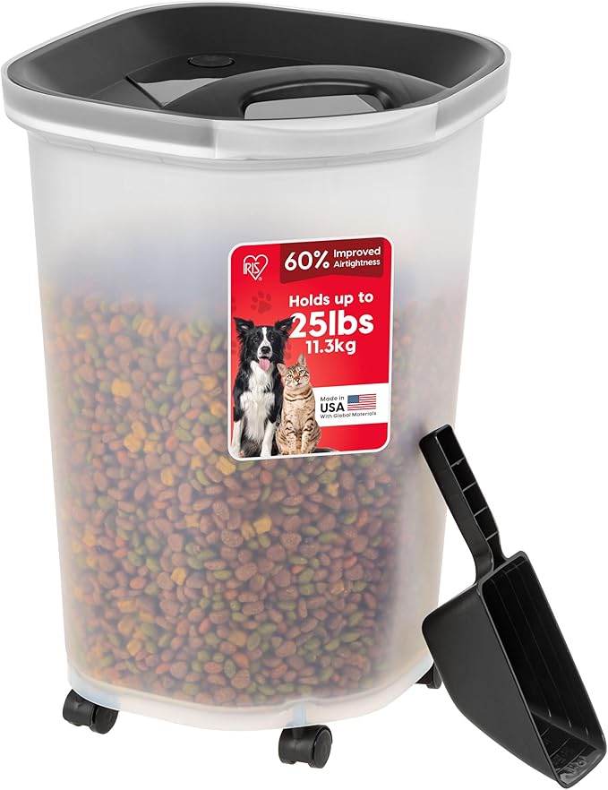 IRIS USA Pet Food Storage Container 25 lbs, Premium 60% Improved Airtight Seal with Air Valve, 2 Cup Scoop, Removable Wheels, Easy to Open - Made in the USA, Black