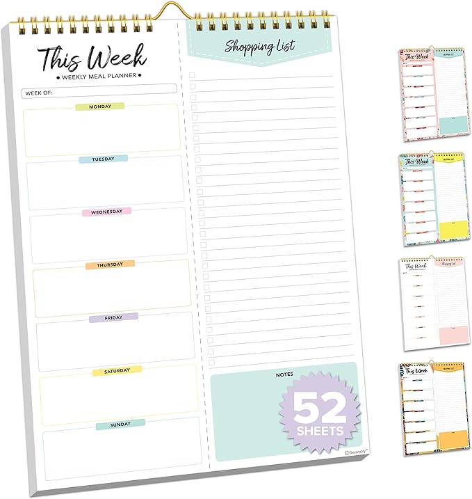 Decorably 52 Sheets Pastel Rainbow Weekly Meal Planner for Fridge with 4 Strong Magnets - 6x9in Spring-Bound Refrigerator Mountable, Easy Tear-Off Design, Track Food, Drinks, & Home Supplies
