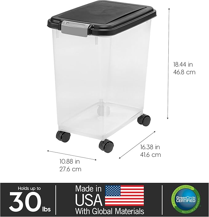 IRIS USA Airtight Dog Food Storage Container, Up to 30 lbs, Attachable Wheels, for Dog Cat Bird and other Pet Food Storage Bin, Keep Fresh, Easy Mobility, BPA Free, Black