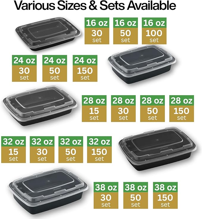 Meal Prep Containers [150 Pack] Rectangular Food Storage Containers with Lids, Bento Box, BPA Free, Stackable, Microwave/Dishwasher/Freezer Safe To Go Food Containers for Meal Prep (38oz)