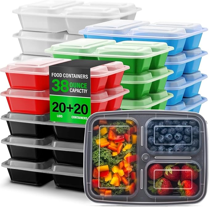 Bexter 10 Pack Compartment Trays with 10 Lids for Takeout and Food Storage / 3 Section compartment for portion control