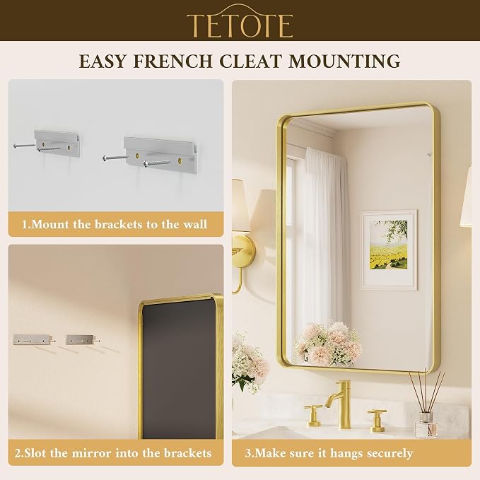 TETOTE 72 x 36 Inch Brushed Gold Bathroom Mirror, Rectangle Metal Frame - Image 7