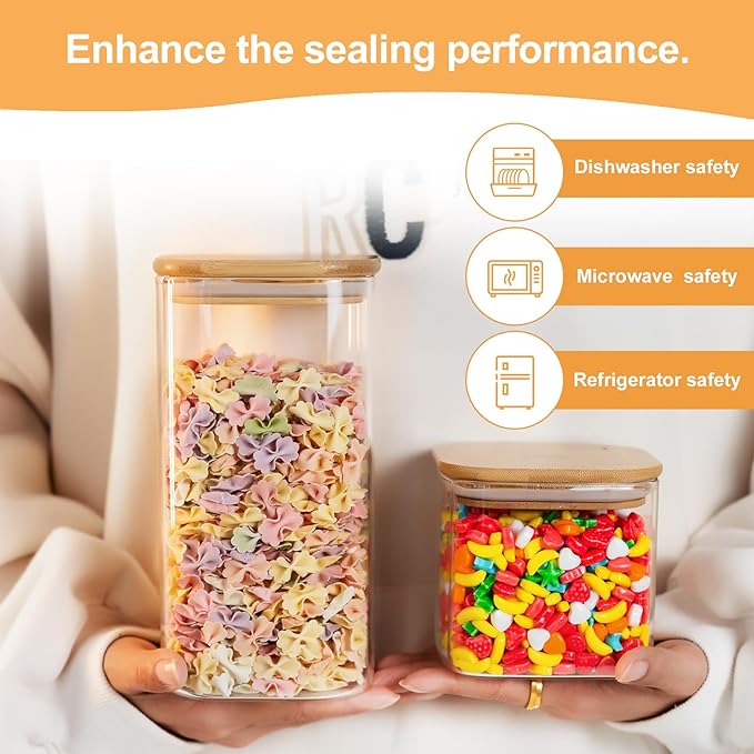 YUNCANG Glass Storage Jars 6 Pack 37oz Clear Glass Food Storage Containers with Airtight Bamboo Lid Stackable Kitchen Canisters for Candy,Cookie,Rice,Sugar,Flour,Pasta,Nuts and Spice Jars(Square)