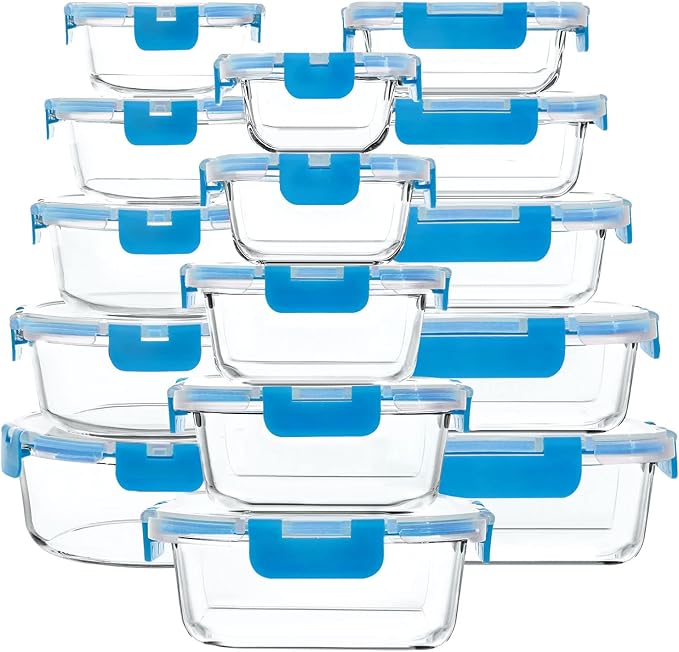 M MCIRCO 30 Pieces Glass Food Storage Containers with Upgraded Snap Locking Lids,Glass Meal Prep Containers Set - Airtight Lunch Containers, Microwave, Oven, Freezer and Dishwasher Friendly, Blue
