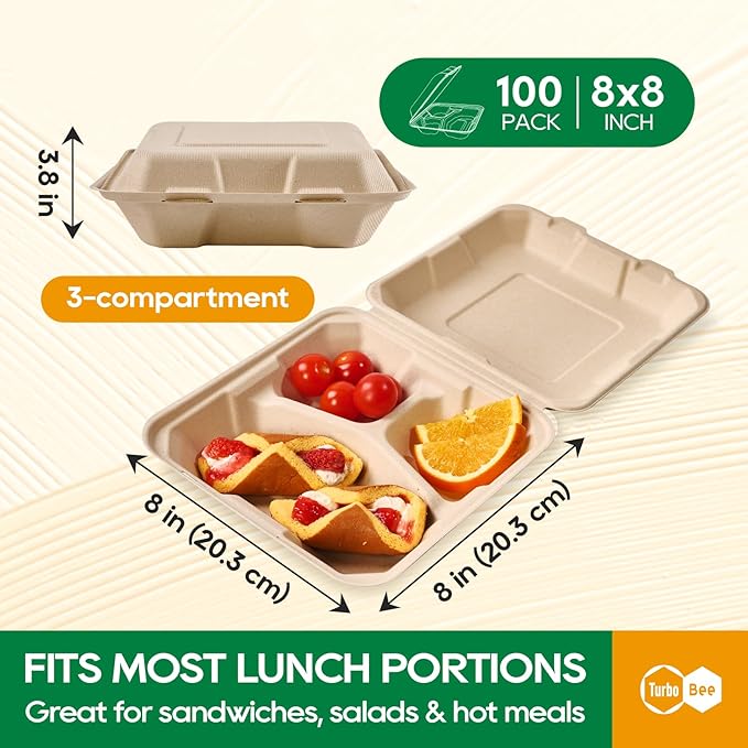 Turbo Bee 100 Pack 8x8inch Natural 3 Compartment Take Out Containers with Lids, Disposable Clamshell Meal Prep Containers, Divided Food Boxes for Food Truck, BBQ, Catering & Lunch