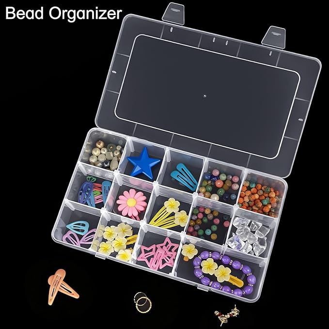 DUOFIRE Plastic Organizer Container Storage Box Adjustable Divider Removable Grid Compartment for Jewelry Beads Earring Container Tool Fishing Hook Small Accessories（Large 15 Grids，White）