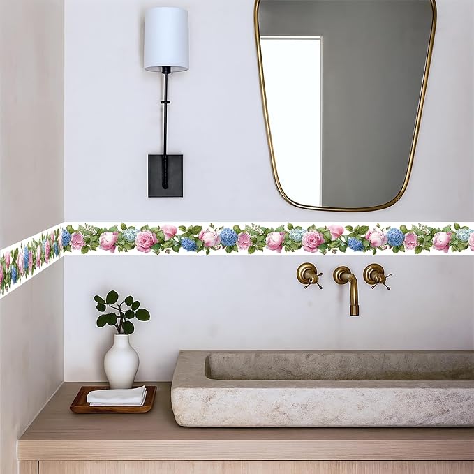 Floral Wallpaper Border 196x4 Inch Peel and Stick Wall Border Pink Blue Rose - Image 3