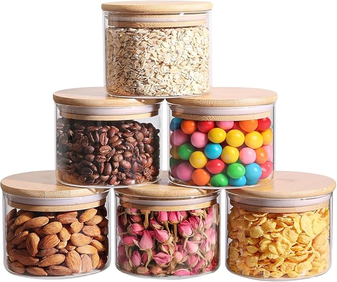 ComSaf 0.5 Qt Glass Food Storage Jars Set of 6, Clear Glass Storage Containers with Lids, Pantry Organization Jar, Spice, Blooming Tea, Coffee, Cookie and Sugar Container, Small jar Set for Kitchen