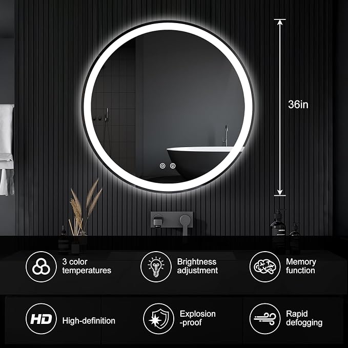 NEWBULIG 36 Inch Round LED Bathroom Wall Mirror - Image 2
