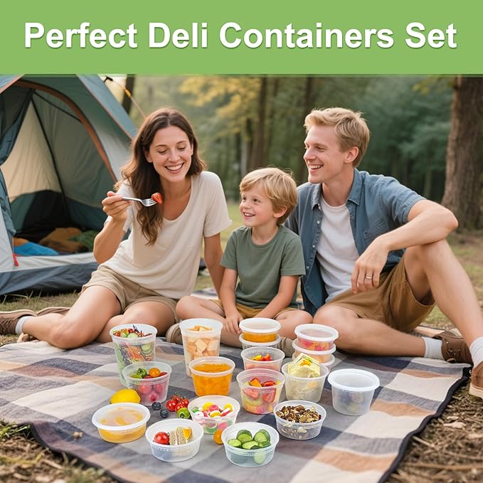 Dipoo 60 Sets (120-Piece) Deli Containers with Lids, 32/16/8 oz X 20 Set Each, Leak-Proof & BPA Free Airtight Takeout Plastic Food Storage Containers for Soup, Freezer/Microwave/Dishwasher Safe