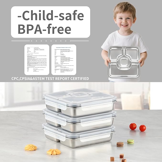 BEFOY Stainless Steel Snack Containers with Lids 4 Pack Lunchable Meal Prep Containers Reusable Meal Prep Lunch Containers for Adult Divided Stackable Bento Lunch Box for Home Travel (1, Gray, Large)