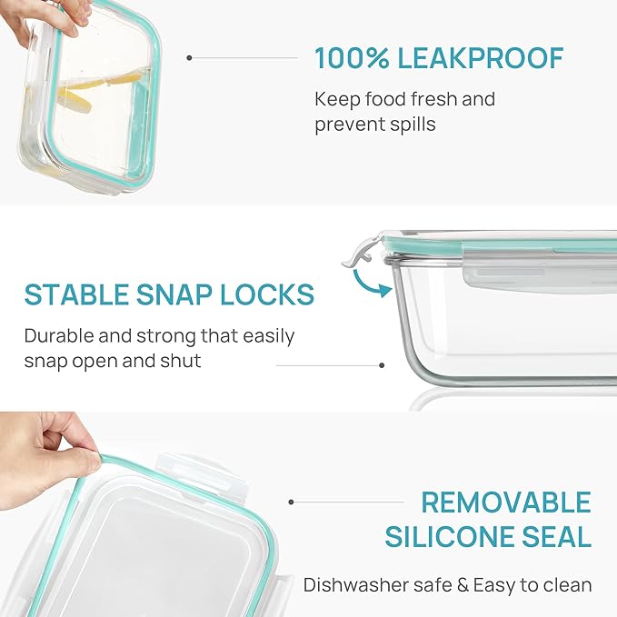 Vtopmart 2Pack 1860ml/63oz Large Glass Containers Food Storage with Lids, Meal Prep Food Container Set with Snap Airtight Lid for Baking, Microwave, Oven, Leak Proof, for Freezer, Dishwasher, Green
