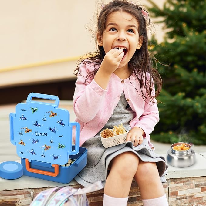 Bento Box for Kids with Thermos, [Large Capacity] Kids Lunch Box Containers with 4 Compartment for Ages 3+, Drop-Proof & Dishwasher Safe Food Container Blue