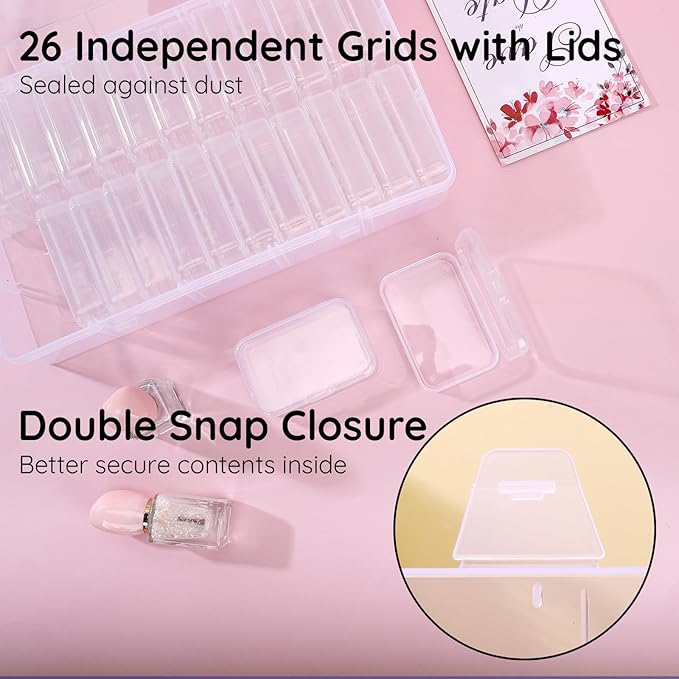 Segbeauty Craft Organizer - 26 Grid Small Storage Box with Hinged Lid, Clear Plastic Bead & Jewelry Storage Container